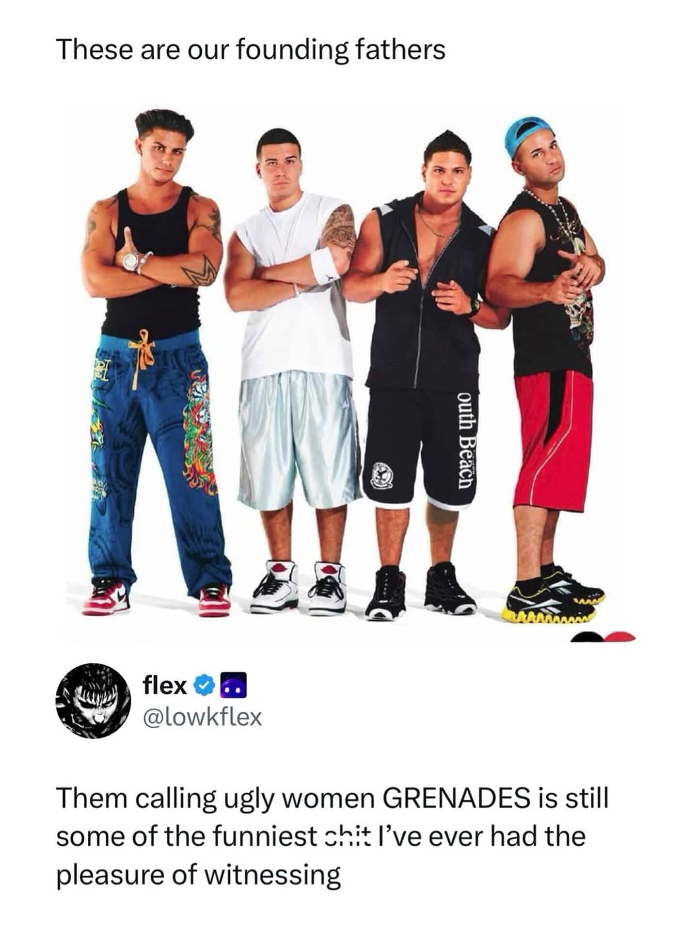 Cast members of Jersey Shore standing together under text mentioning the show's slang terms.