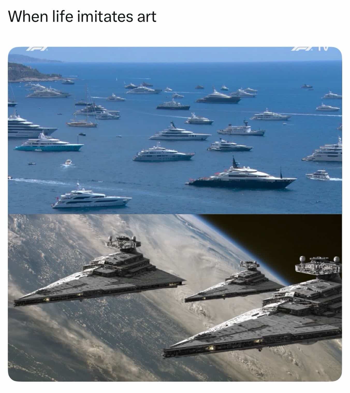 Split screen comparing a fleet of luxury yachts on water to Star Wars Star Destroyers.
