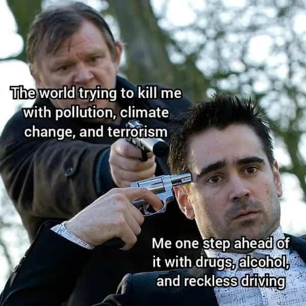 Colin Farrell holding a gun to his own head in a dark comedy movie meme.