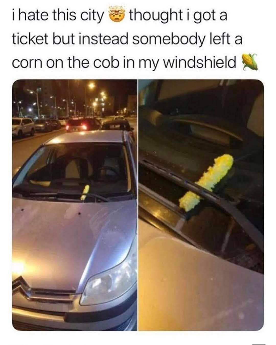 Side-by-side photos of a silver car with a leftover piece of corn on the cob under its wiper.