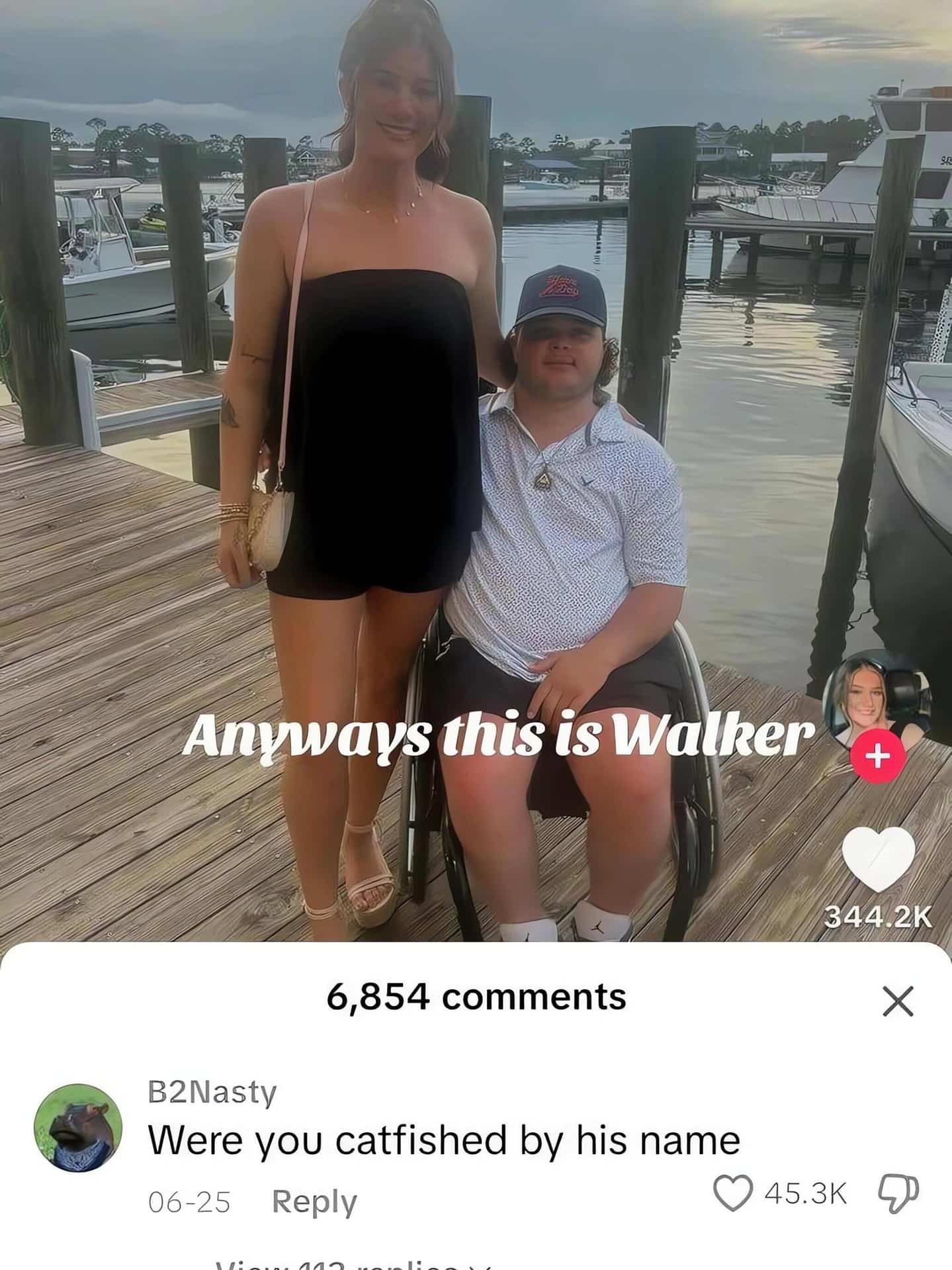 Social media screenshot featuring a couple standing on a dock with a witty comment below.