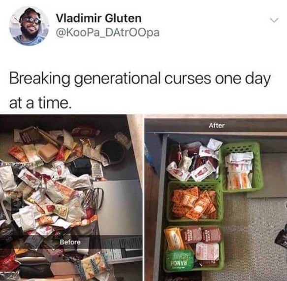 Before and after photos showing an unorganized junk drawer neatly sorted with plastic green baskets for condiments.