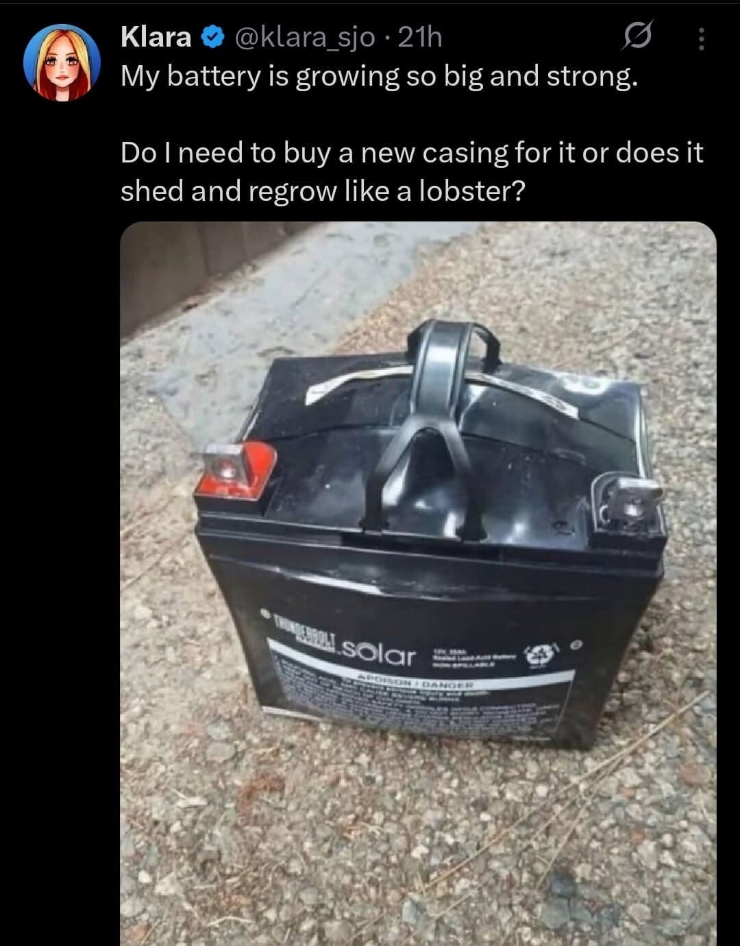 A dangerously funny entry in tech memes, showing a tweet about a severely swollen, dangerously bloated black car or solar battery, with the user naively asking if it sheds its outer casing like a lobster.