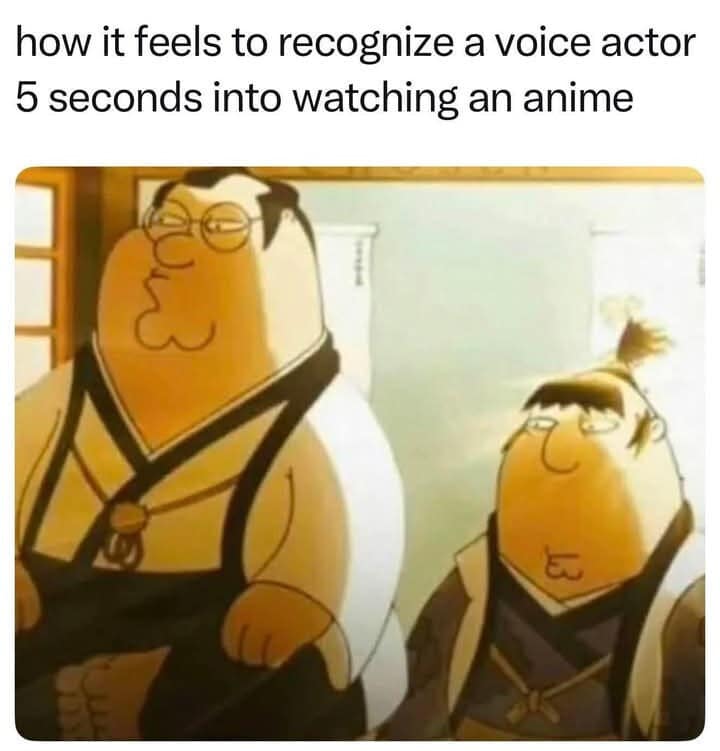 A pop-culture entry from a collection of memes depicting Peter and Chris Griffin from Family Guy re-imagined in a highly stylized anime aesthetic, humorously capturing the text: "how it feels to recognize a voice actor 5 seconds into watching an anime."