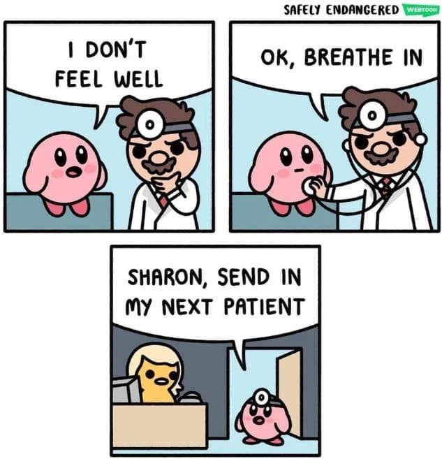 A webcomic strip categorized under funny memes by Safely Endangered where Kirby goes to see Dr. Mario for an exam, inhales deeply on command, and accidentally absorbs the doctor's entire identity to become the clinic's new medical practitioner.