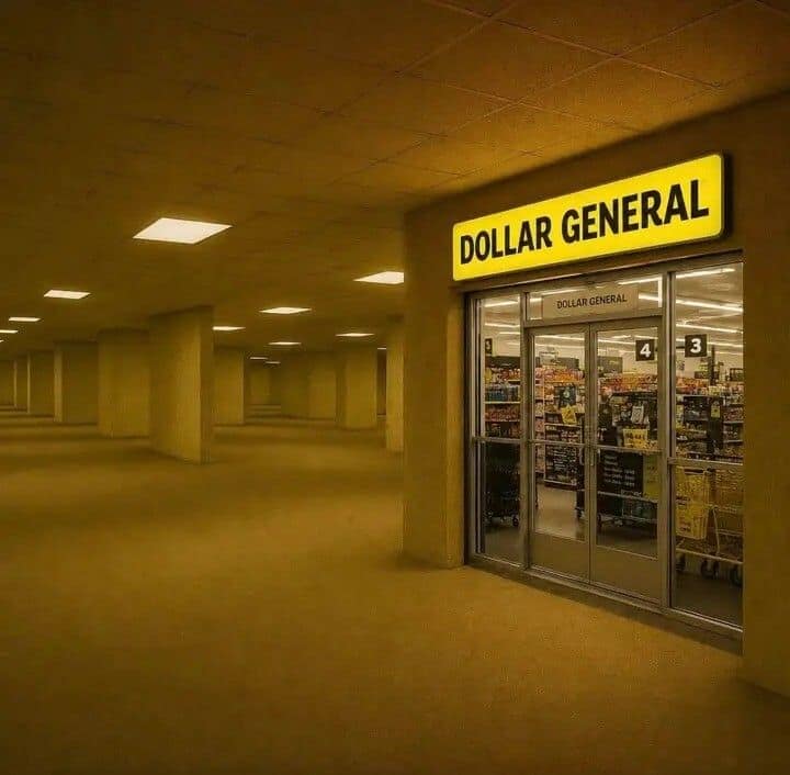 Surreal internet culture memes visual depicting a fully lit, operational Dollar General retail storefront inexplicably built inside the infinite, fluorescent-lit yellow walls of the Backrooms creepypasta lore.