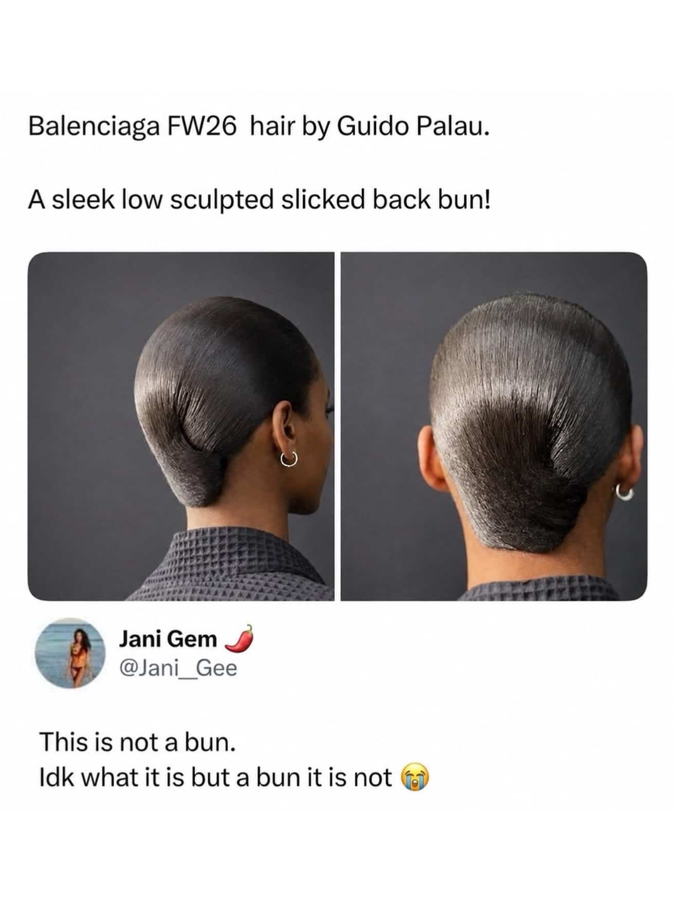 Unique low-sculpted slicked-back hairstyle from Balenciaga with fashion critique comments below.