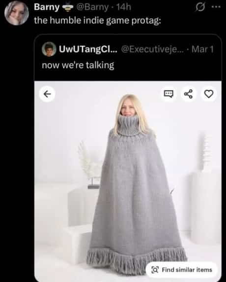 Meme comparing a woman wearing a massive floor-length grey knit sweater to an indie game protagonist.