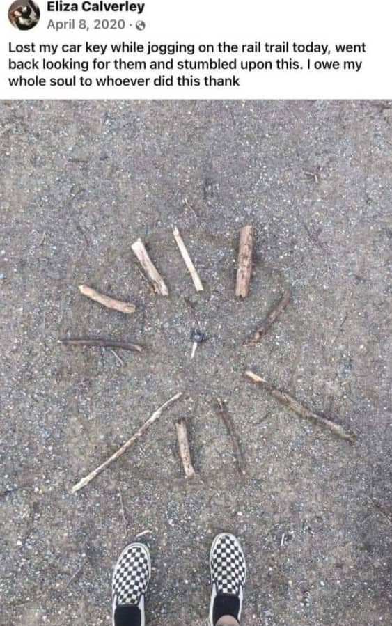 Car key found on a trail surrounded by a circle of pointing sticks meme.