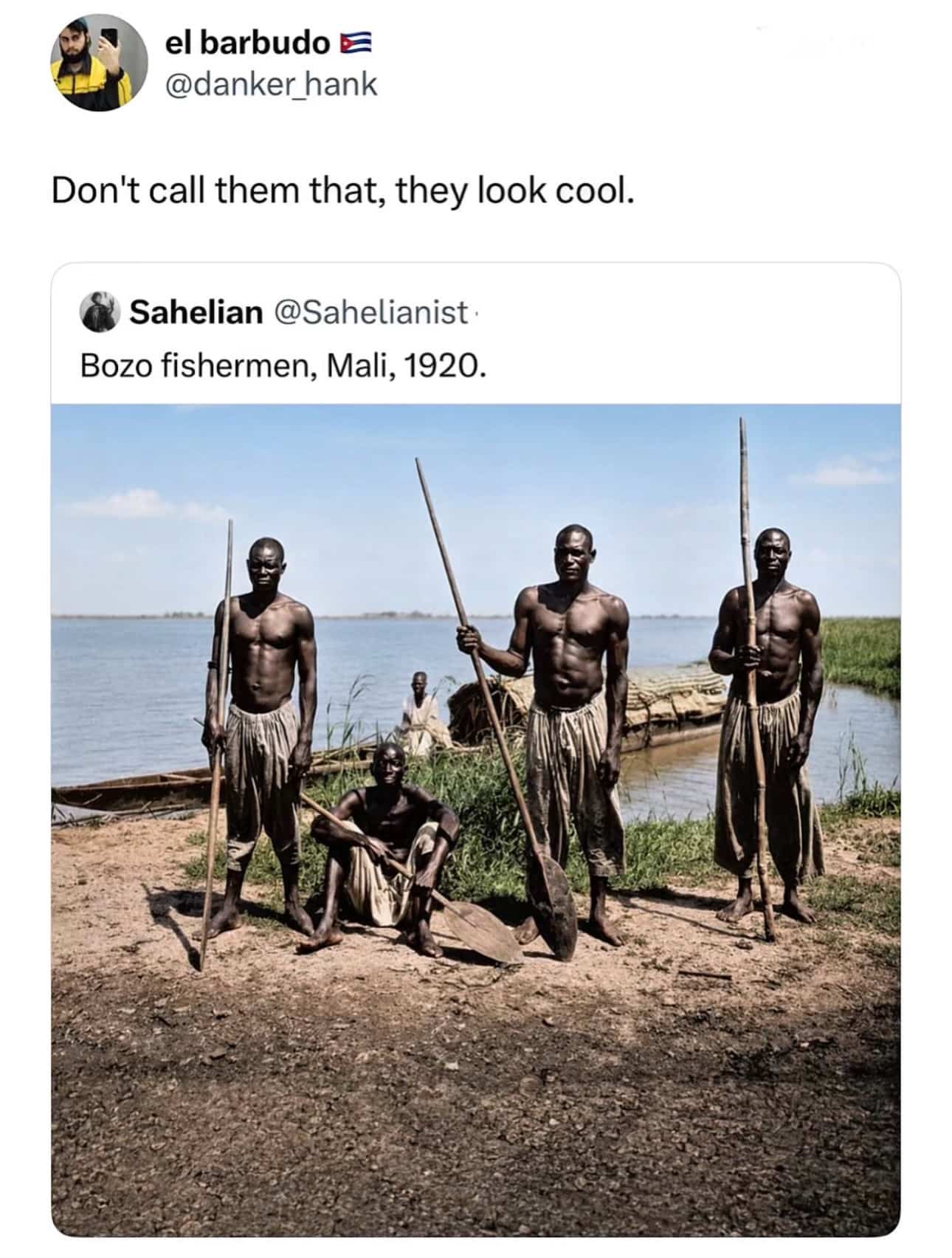 Historical photograph of Bozo fishermen in Mali with a humorous social media commentary.