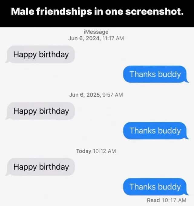 Screenshot of a repetitive annual text message thread showcasing standard male friendships.