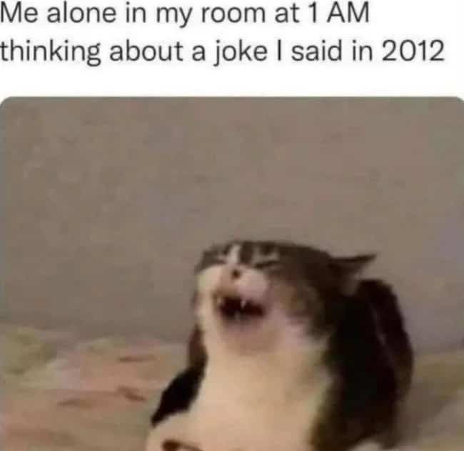 Relatable cat yawning hysterically in bed with text about remembering an old joke.