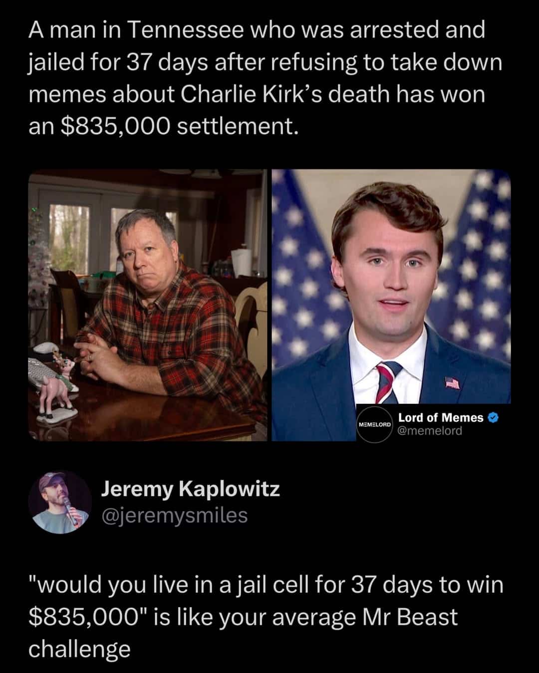 News report screenshot showing a legal settlement side-by-side with political figure Charlie Kirk.