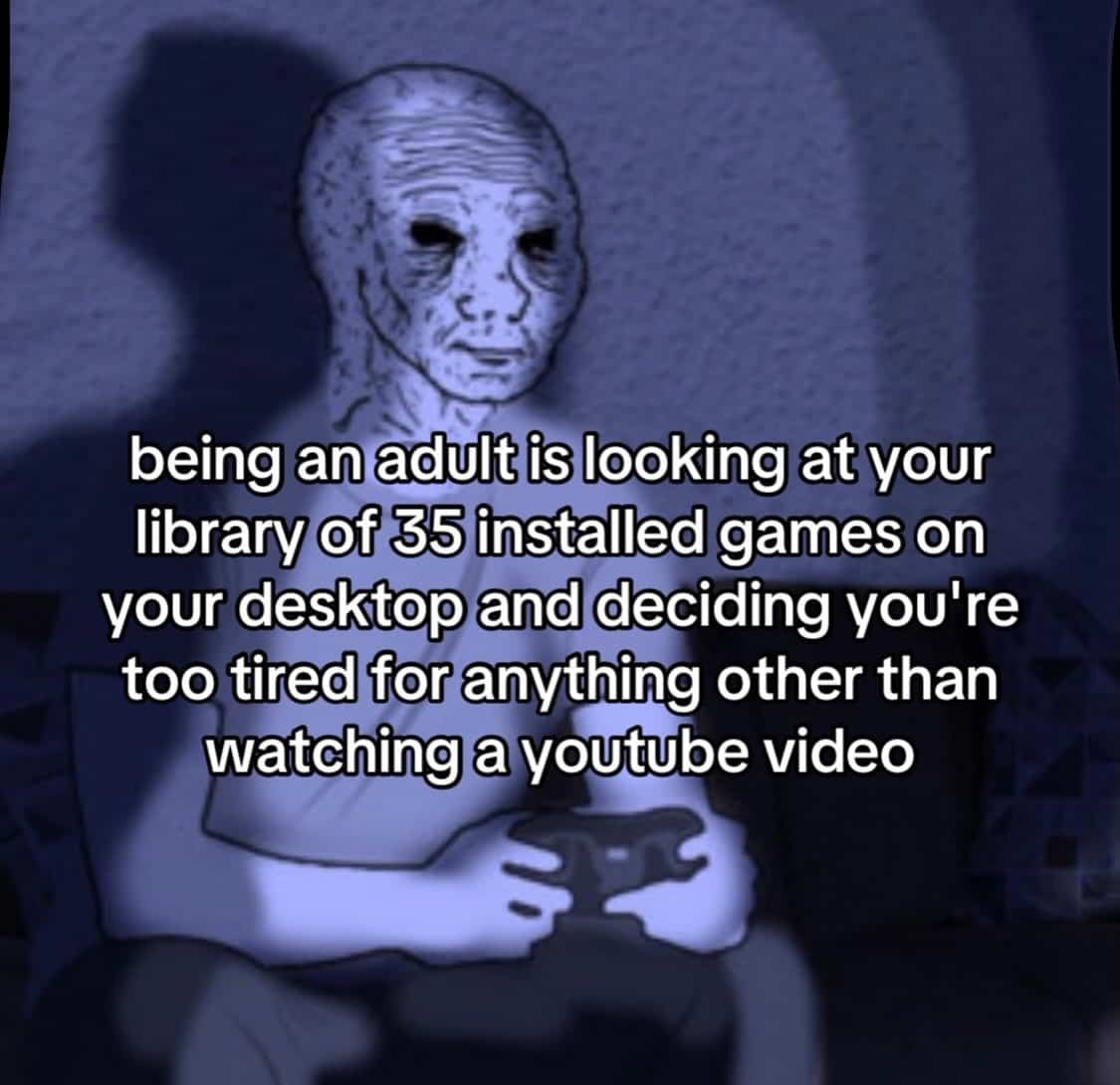 Wojak character holding a controller representing an exhausted adult staring at video games.