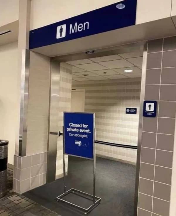 Funny public restroom closed for a private event sign outside a men's bathroom meme.