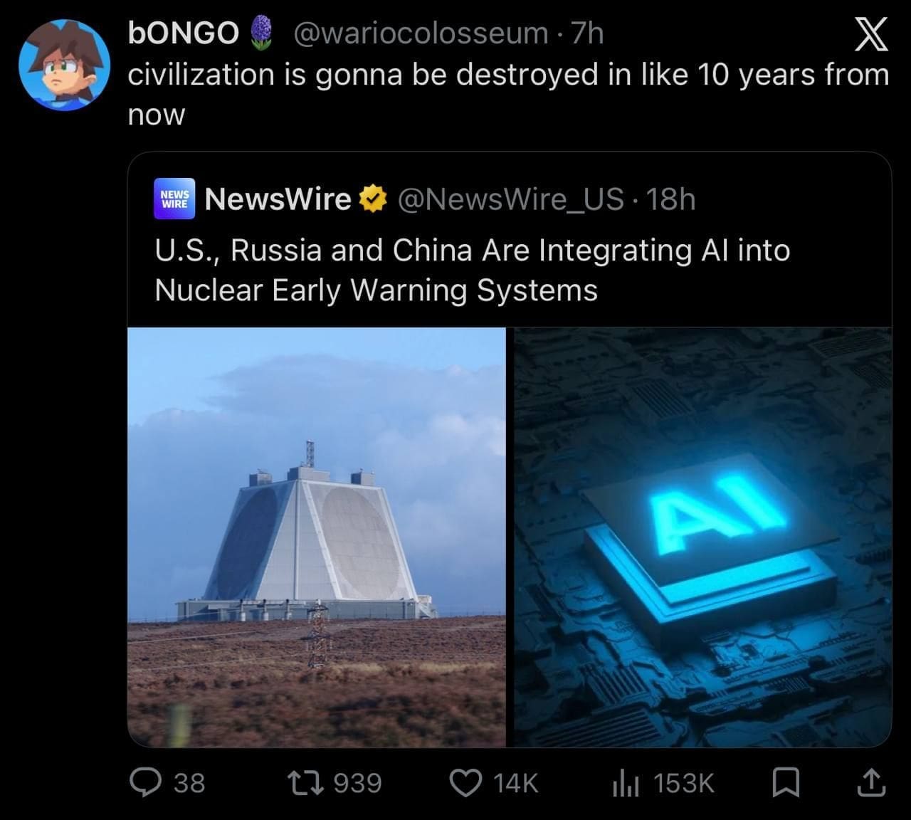 A dark-humor social media post inside a collection of memes, featuring a tweet predicting the end of civilization next to a news report about the U.S., Russia, and China integrating AI into nuclear early warning radar systems.