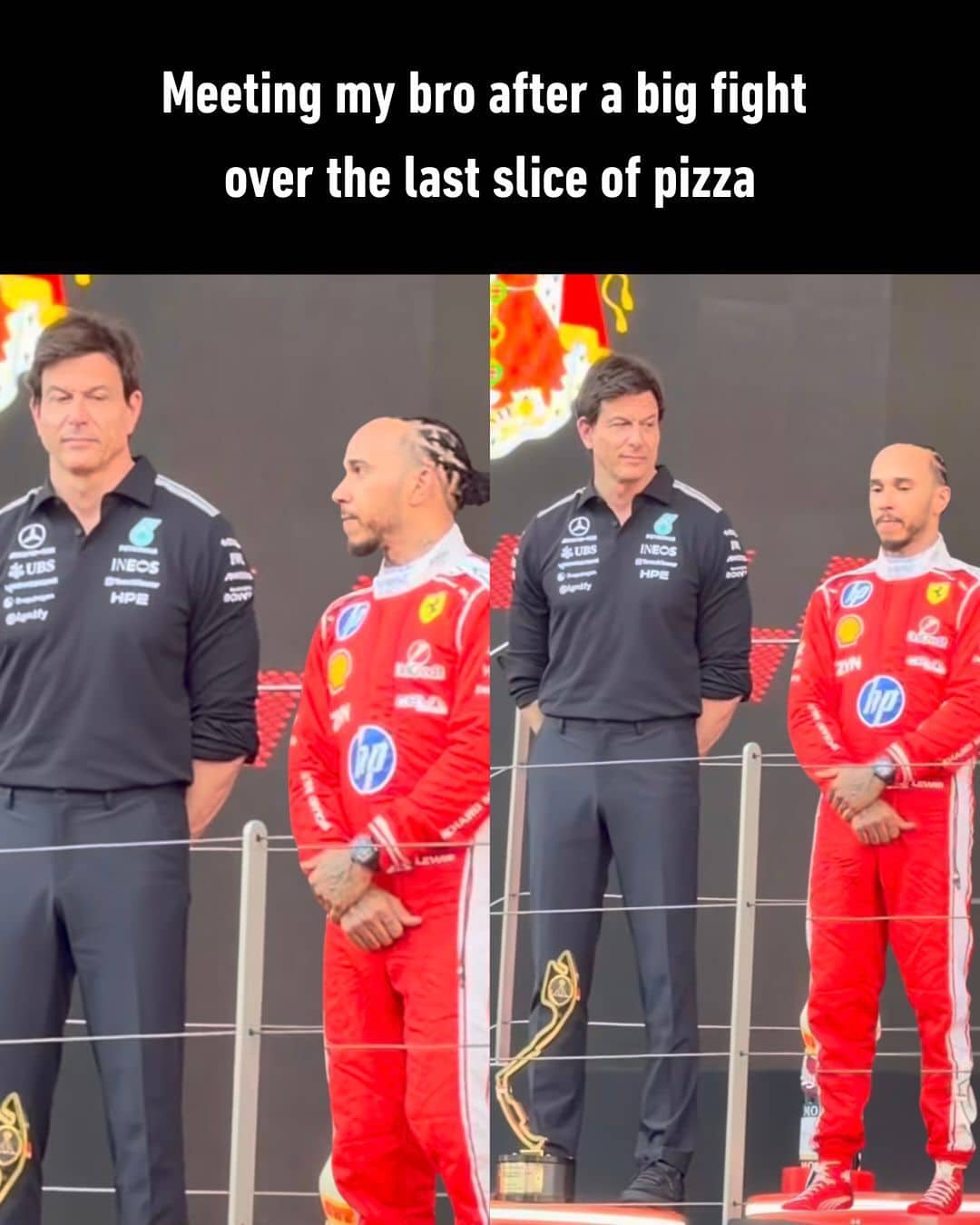 Toto Wolff and Lewis Hamilton standing awkwardly together meme about fighting over pizza.