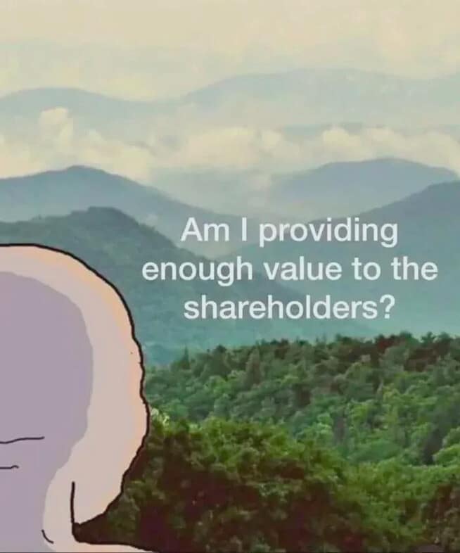 Existential workspace memes depicting a classic grey Wojak character standing on a grassy clifftop silently staring out over a beautiful misty mountain range, plagued by a thought-bubble reading: "Am I providing enough value to the shareholders?"