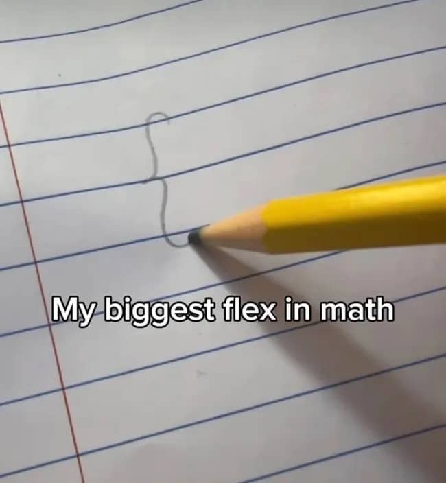 Pencil drawing a perfect curly bracket on lined paper math student flex meme.