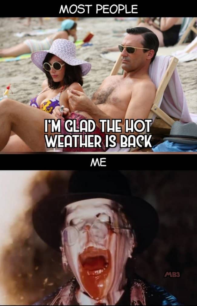 Contrast meme showing attractive beachgoers alongside a villain's face melting from Indiana Jones.