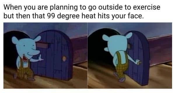 Cartoon character eagerly opening a front door and instantly closing it to stay inside.