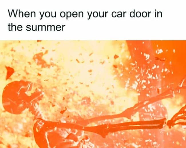 Fiery cinematic explosion with a skeleton disintegrating to represent opening a hot car door.