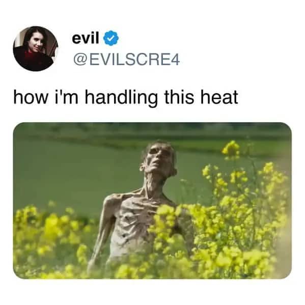 Social media post showing a gaunt, withered movie creature wandering through a sunny field.