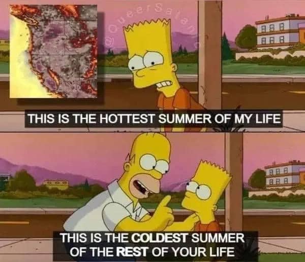 Two-panel Simpsons meme delivering a grim climate joke about the coldest summer left.