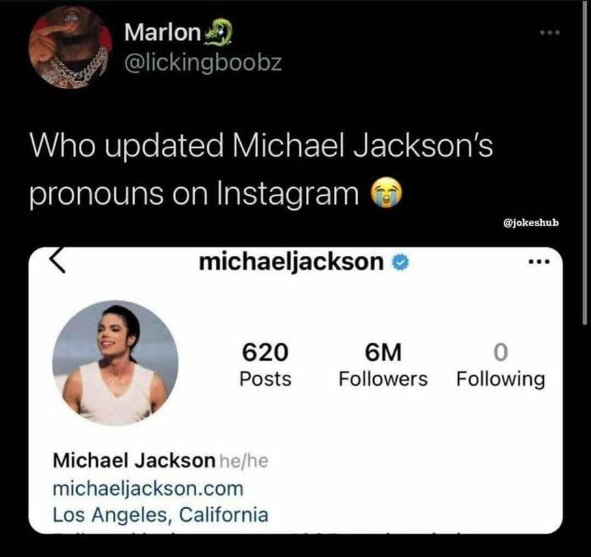 A memes with twist endings pop-culture tweet by user Marlon showcasing a verified Instagram profile screenshot where someone has hilariously updated pop legend Michael Jackson's official account pronouns to match his signature vocal ad-lib: "he/he."