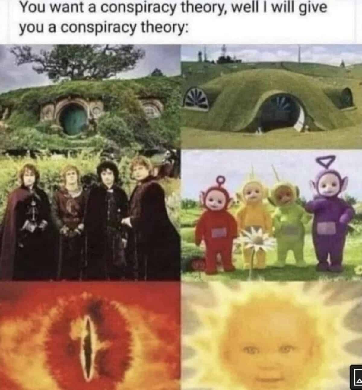 A memes with twist endings multi-panel conspiracy matrix drawing deep, eerie topological and character parallels between the green hills, dome houses, and entities of The Lord of the Rings and Teletubbies.