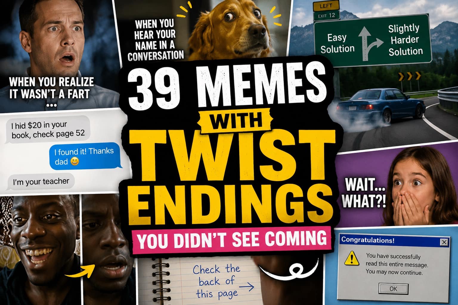 An expansive digital master archive cataloging viral memes with twist endings that masterfully rely on bait-and-switch comedic setups; prominently showcasing a relationship grievance tweet that reveals the emotionally distant partner is a two-year-old toddler, a 911 emergency operator waiting three rings to look cool on the job, and Michael Jackson's official legacy Instagram page updated with "he/he" pronouns.
