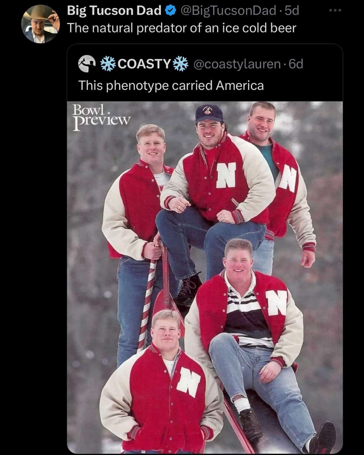 A sports-themed cultural commentary captured as a memes with twist endings asset, depicting a vintage photograph of a group of midwestern football players in red Nebraska varsity jackets, labeled as the natural predator of cold beer.