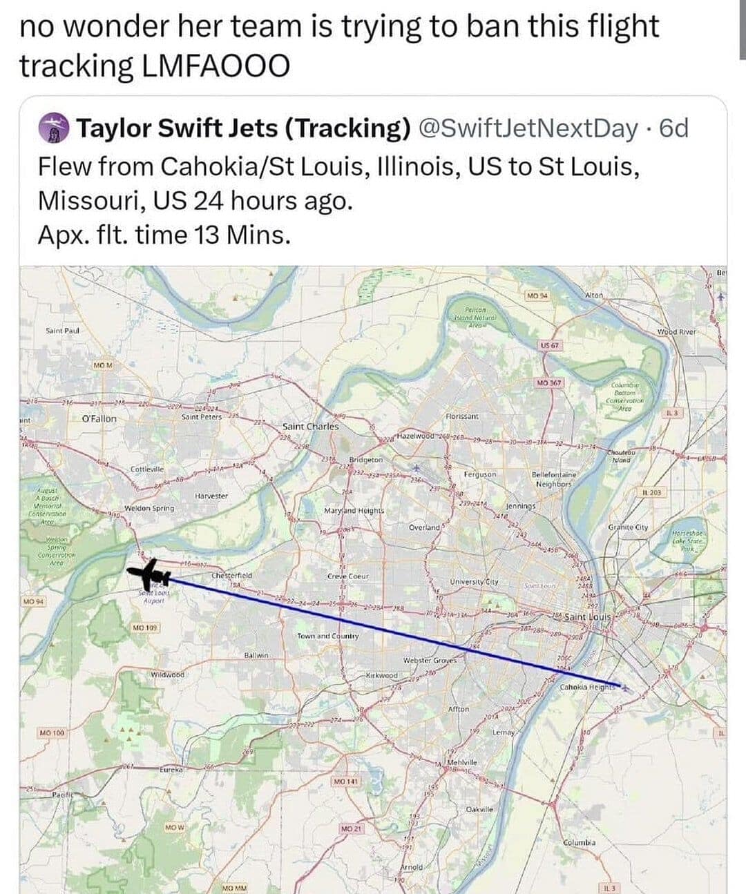 A social media flight-tracker map screenshot illustrating a 13-minute flight route across a river boundary, serving as a viral entry in a gallery of memes with twist endings.