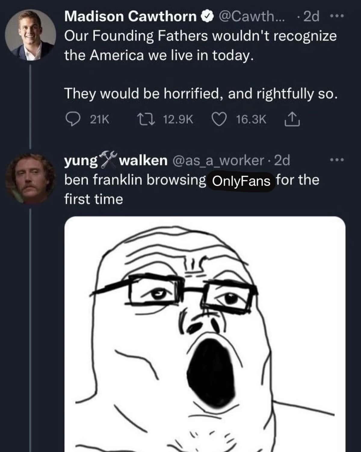 A political tweet thread saved as a funny memes with twist endings macro, showing a historic commentary completely derailed by a Wojak illustration of Benjamin Franklin discovering modern adult content.