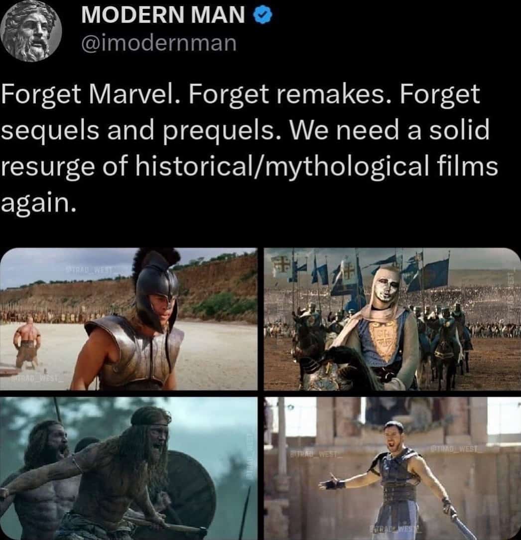 A four-panel media graphic highlighting a serious demand for historical cinema subverted by a comedic image of Chris Pratt in a low-budget gladiator costume, working as an example of memes with twist endings.