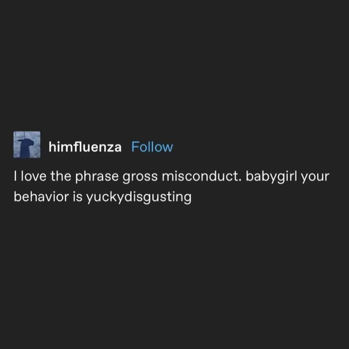 A dark-mode microblogging text post functioning as a short memes with twist endings joke, reinterpreting the corporate legal term "gross misconduct" into childish playground slang.