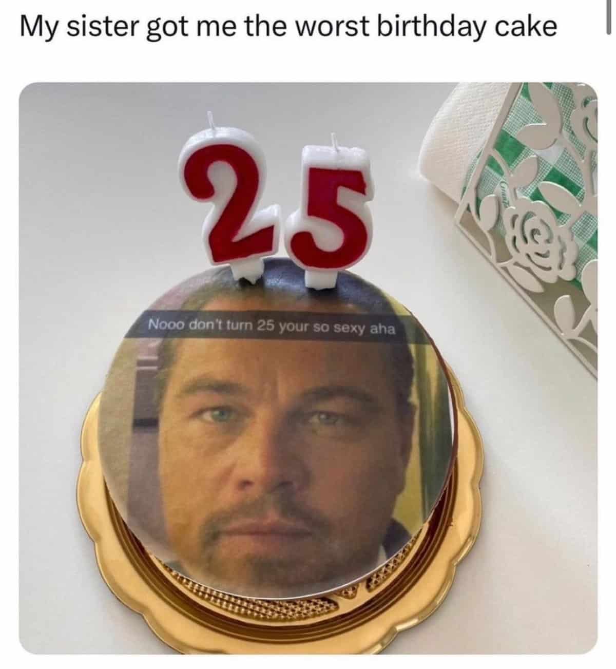 A birthday cake graphic showcasing a brilliant memes with twist endings setup, featuring Leonardo DiCaprio's face below a 25th birthday candle, poking fun at his viral relationship age patterns.