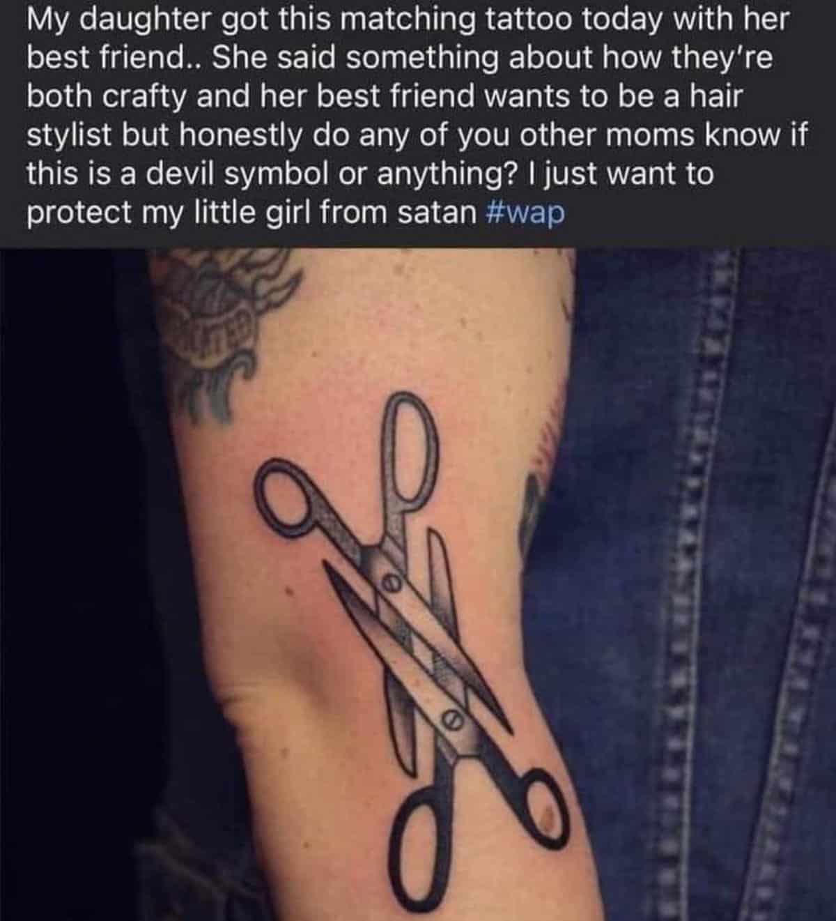 A naive parental social media post screenshot saved as a legendary entry for memes with twist endings, tracking a mother's deep panic over her daughter's double-scissors tattoo while entirely misusing adult pop-culture slang and hashtags.