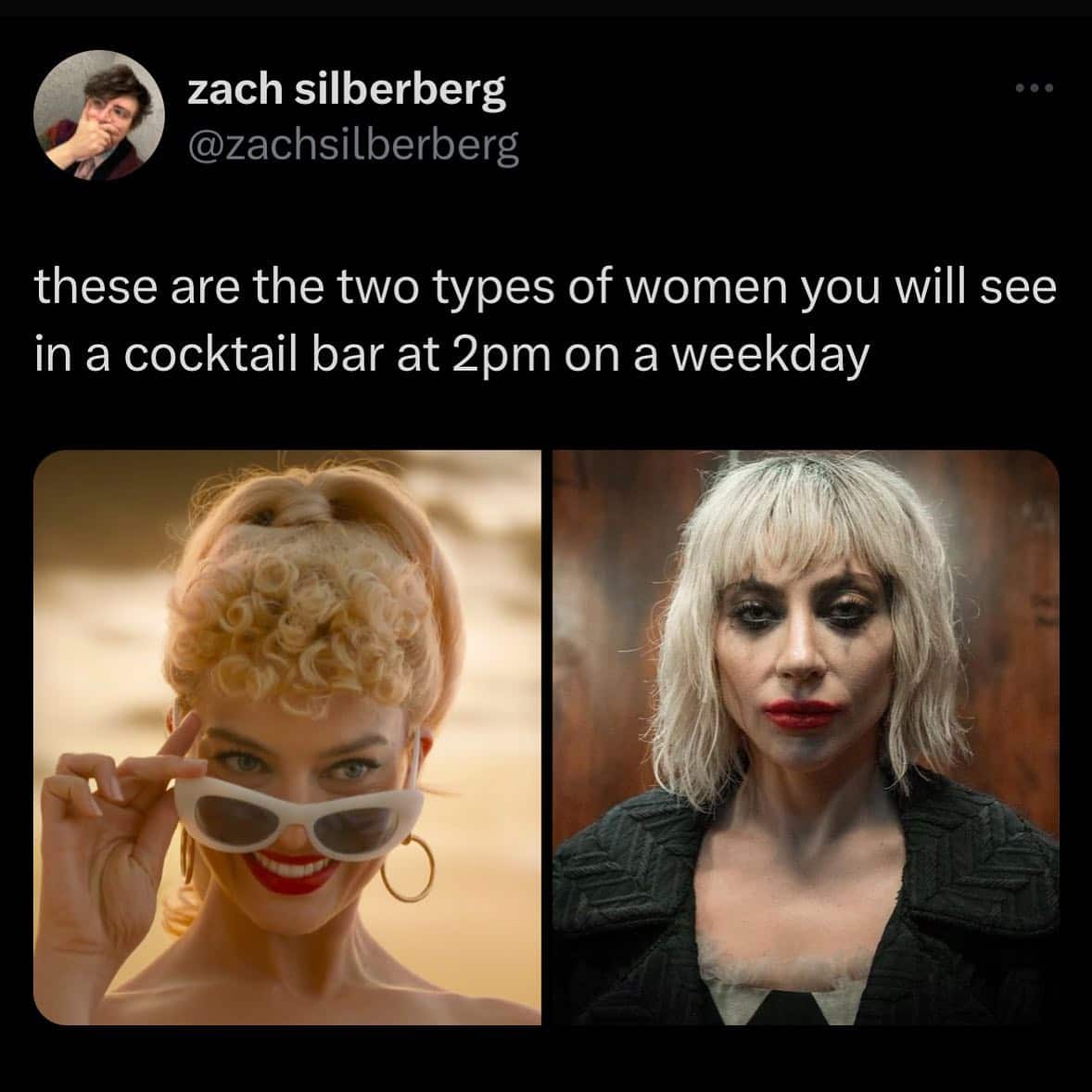 A side-by-side character comparison layout functioning as a memes with twist endings joke, highlighting Margot Robbie's sunny, immaculate Barbie look next to Lady Gaga's smudged, chaotic Harley Quinn aesthetic.