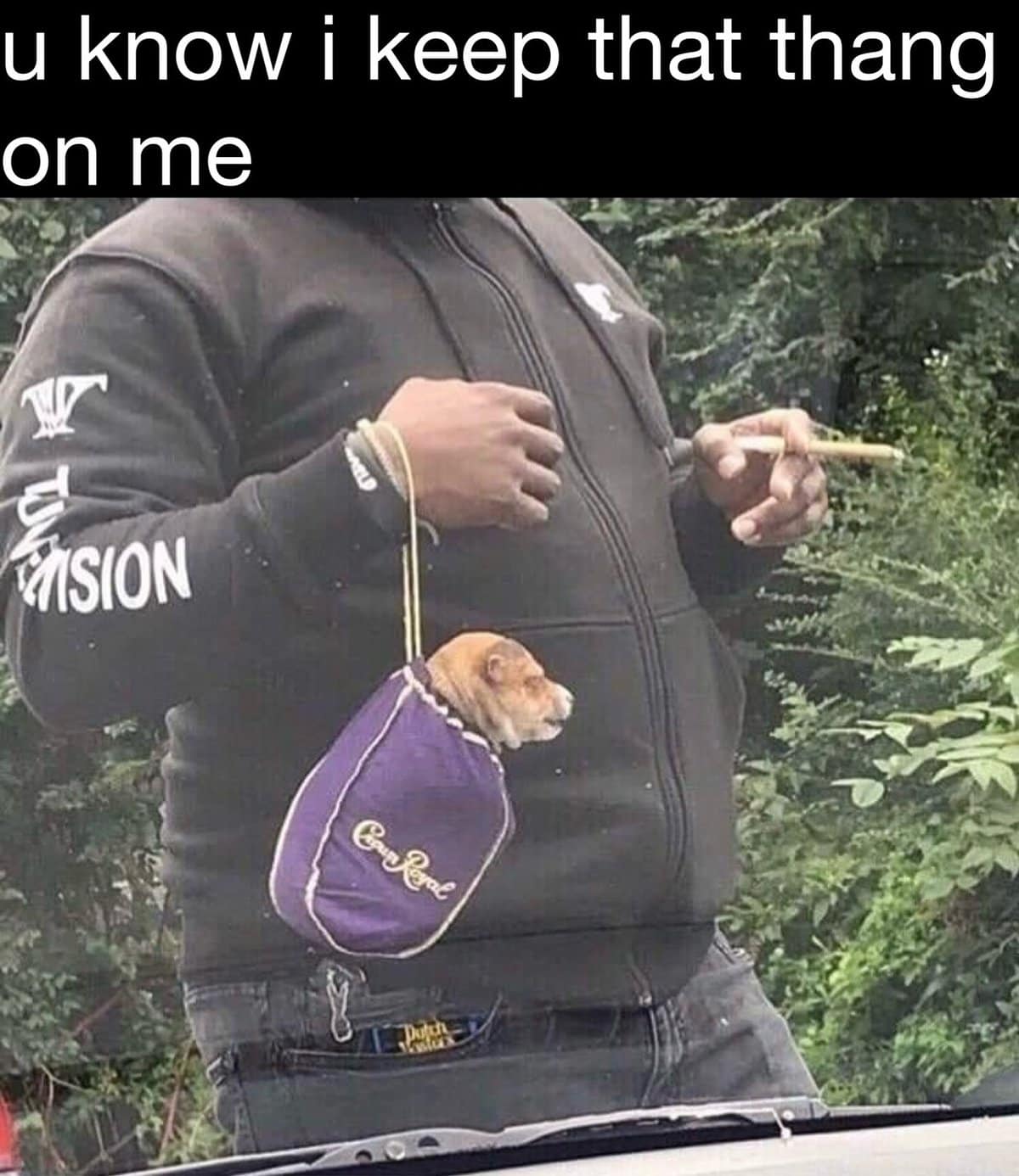 A text-captioned streetwear photo framed around memes with twist endings, showing a man in a black hoodie with a signature purple velvet Crown Royal drawstring bag draped over his chest, hiding a tiny brown puppy inside.