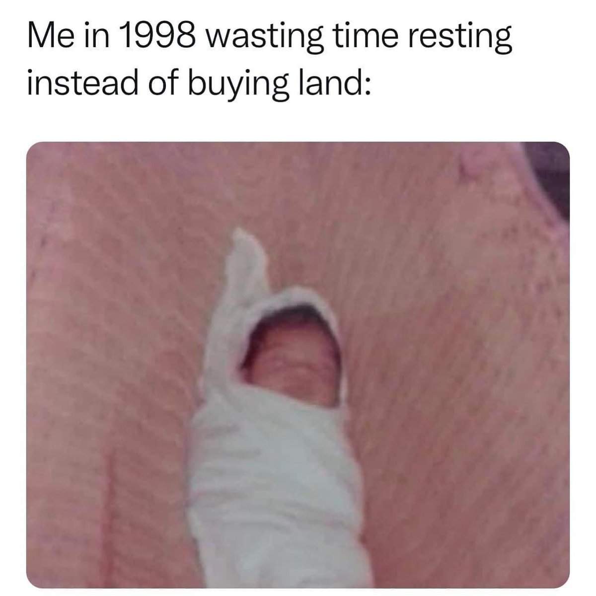 An economic real estate parody operating as a memes with twist endings piece, showcasing a tightly swaddled newborn infant sleeping peacefully under text mocking them for resting instead of purchasing cheap property in 1998.