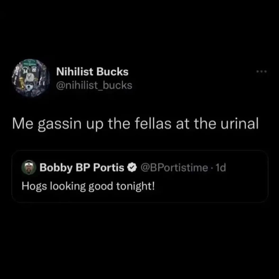 A dark-mode social media layout working as a memes with twist endings snippet, pairing a text about hyping up friends in a public restroom with an innocent athlete tweet stating "Hogs looking good tonight!"