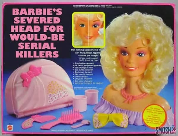 A Barbie styling head box edited to read Barbie's Severed Head for Would-be Serial Killers.