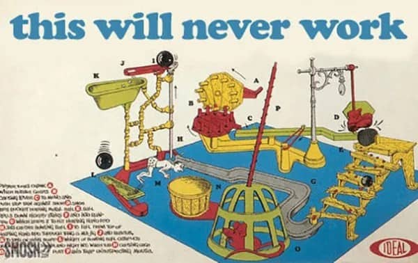 A vintage Mouse Trap board game box edited with the prominent title this will never work.
