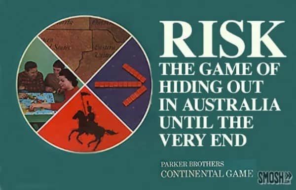 A vintage Risk board game box edited to read The Game of Hiding Out in Australia.