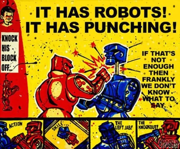A vintage Rock 'Em Sock 'Em Robots box edited with text about robots and punching.