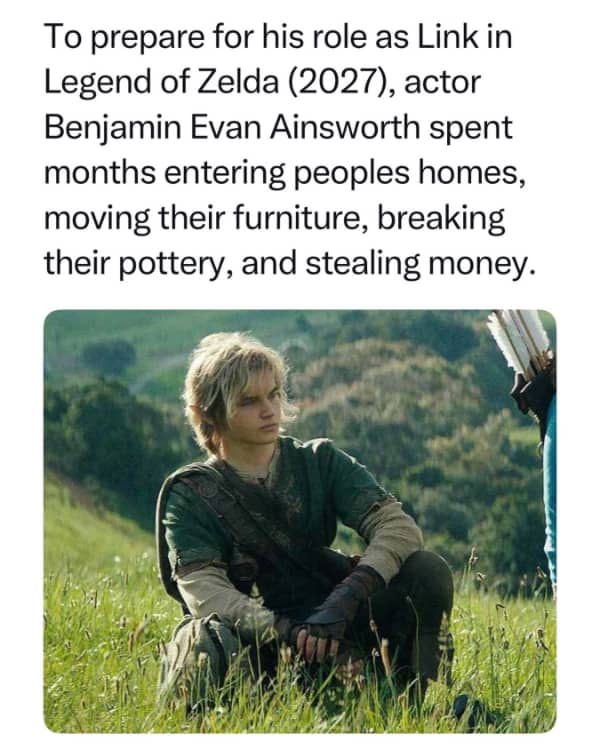 A humorous text post paired with a fantasy image joke about an actor preparing for a movie role.