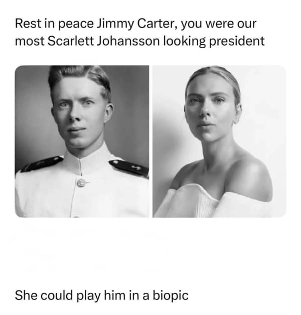 Side-by-side black and white portraits showing a striking facial similarity between a young politician and an actress.