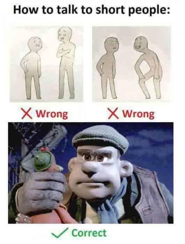 An instructional infographic template modified with a funny claymation movie screenshot for talking to short people.