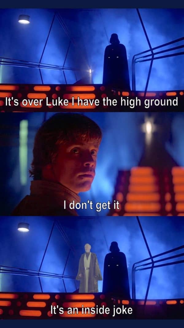 A movie crossover comic featuring characters from separate science fiction trilogies making an inside joke.
